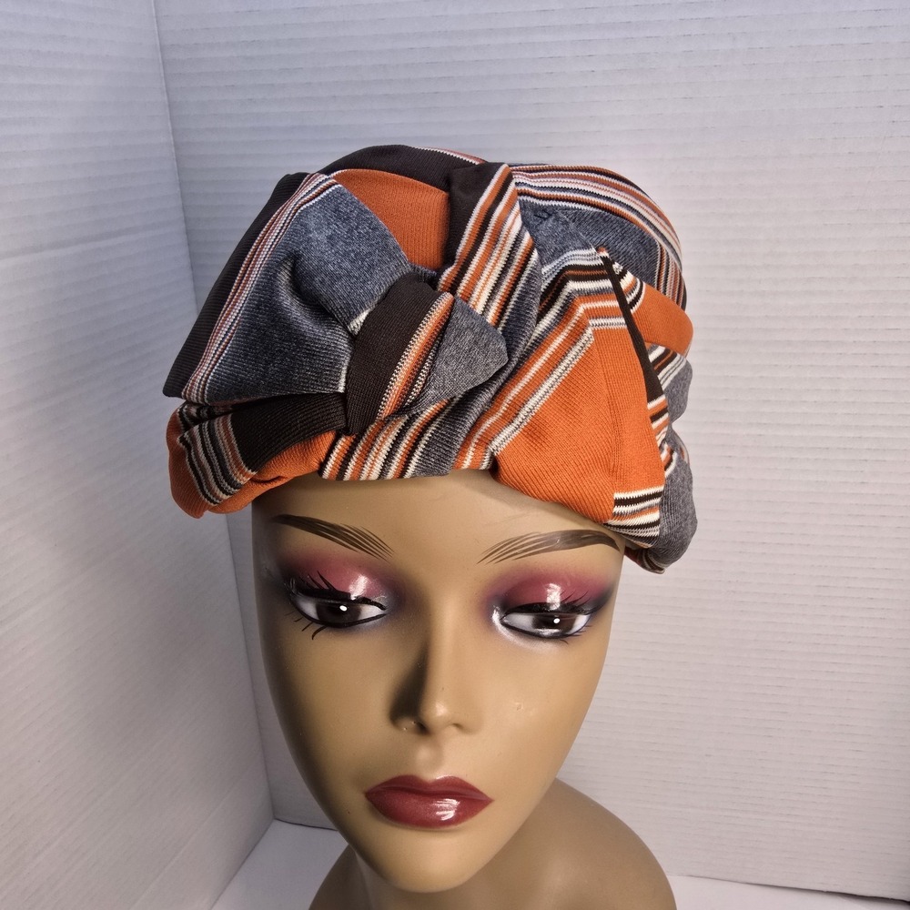 Vintage A Hat Box Model Turban Hat Orange Brown Grey Striped Knotted Mid Century